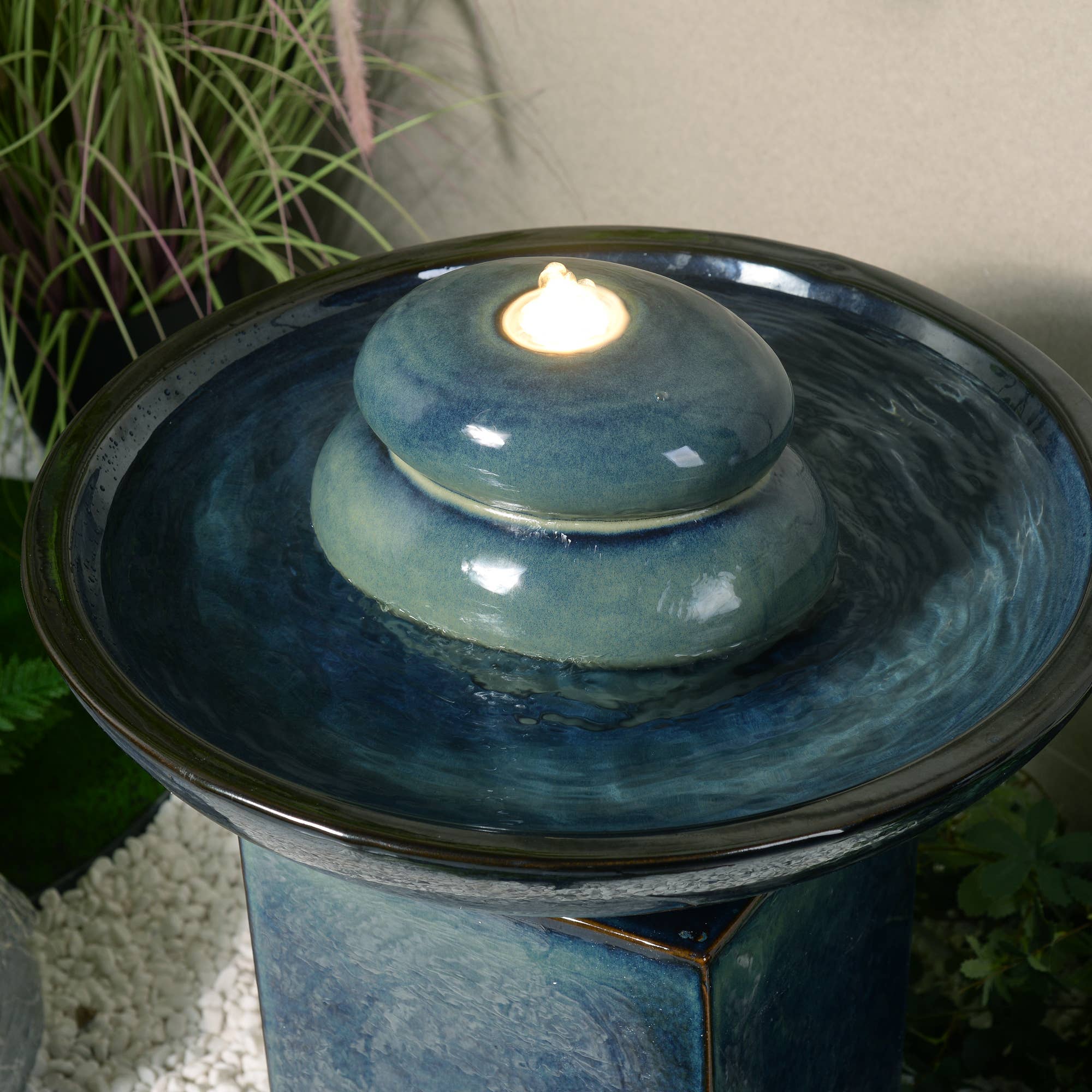 Hi-Line Gift Ltd. - Wholesale Outdoor Ornament/Decor - Blue Ceramic Fountain Warm White LED Lights2