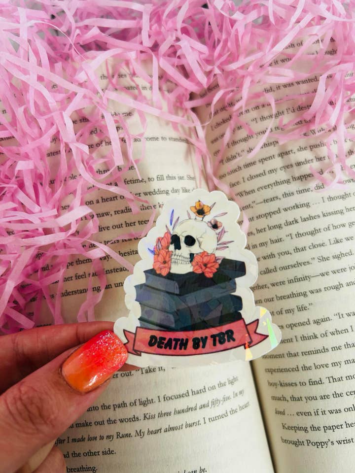 Death by TBR skull holographic sticker for wholesale by TheBookShack