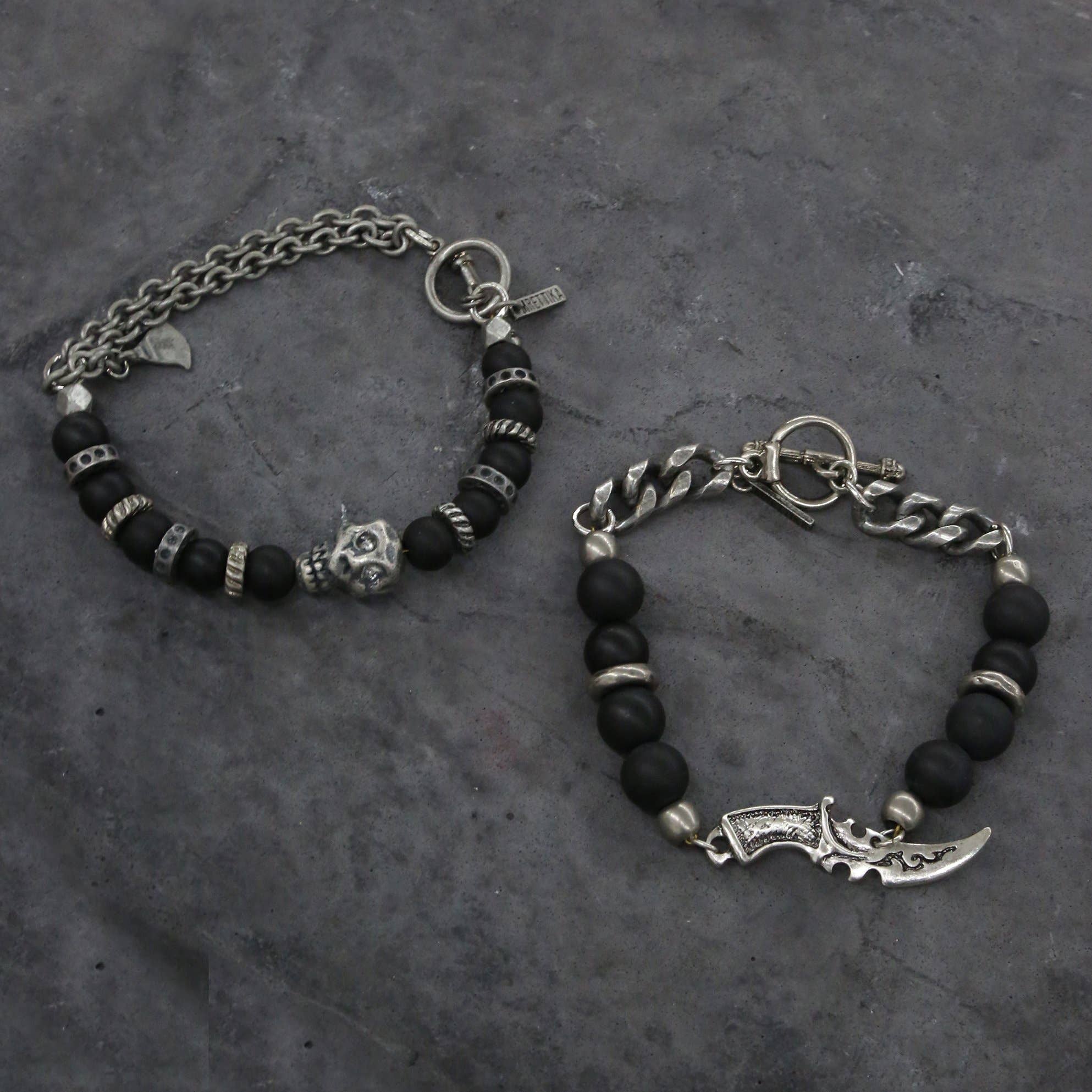 Mr. Ettika - Wholesale Jewelry Set - Skull and Dagger Onyx Beaded Bracelet Set in Silver Ox0