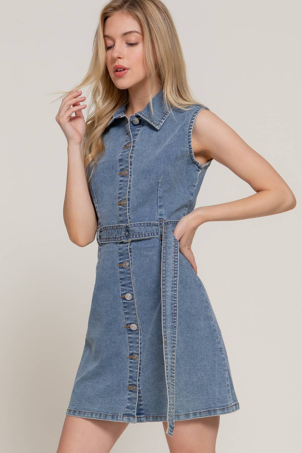 Sleeveless Button Down Stretch Denim Mini Shirt Dress for wholesale on Faire2