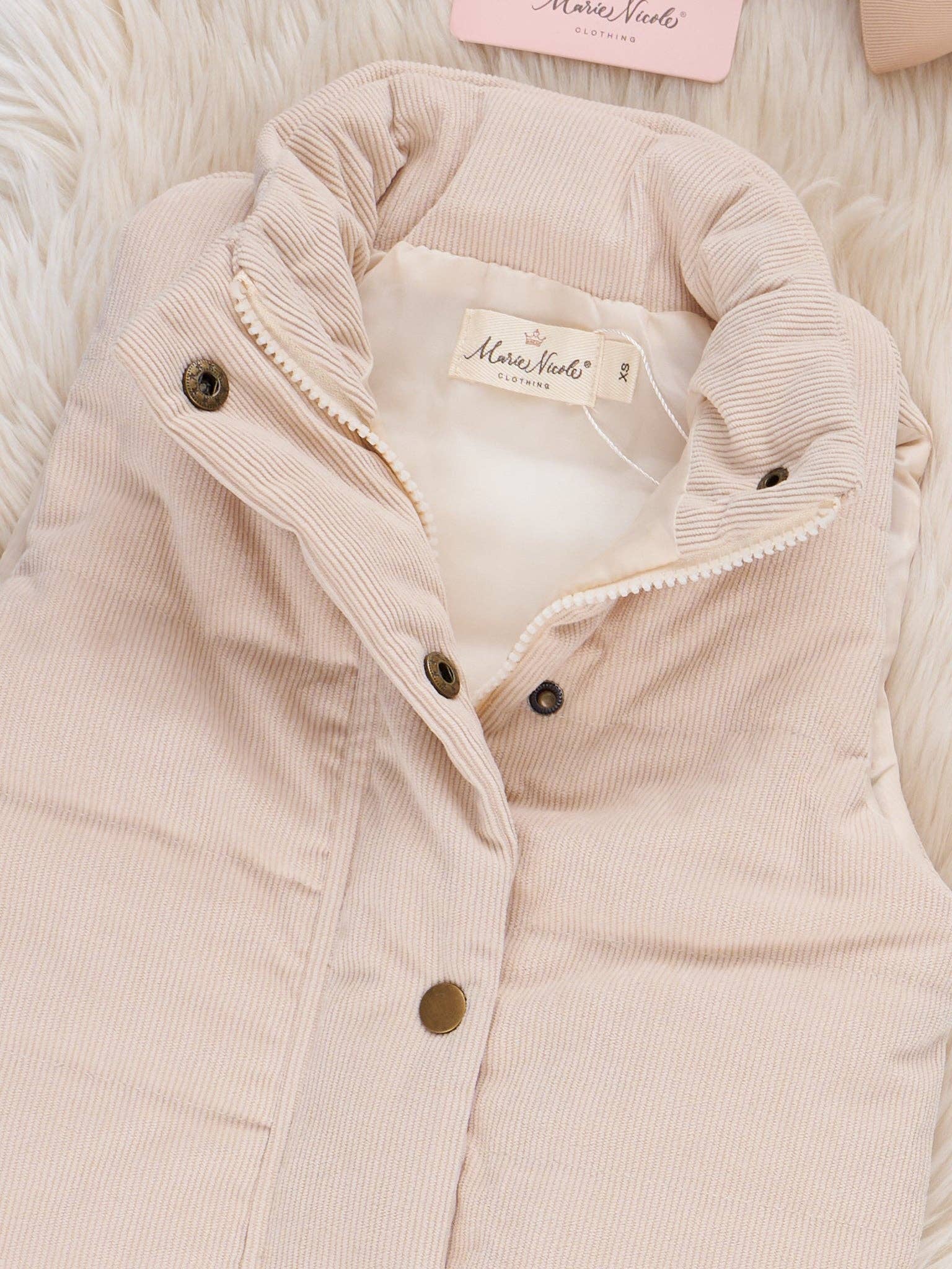 Marie Nicole Clothing - Wholesale Outerwear Vest - Kids - Corduroy Puffer Vest - Beige1