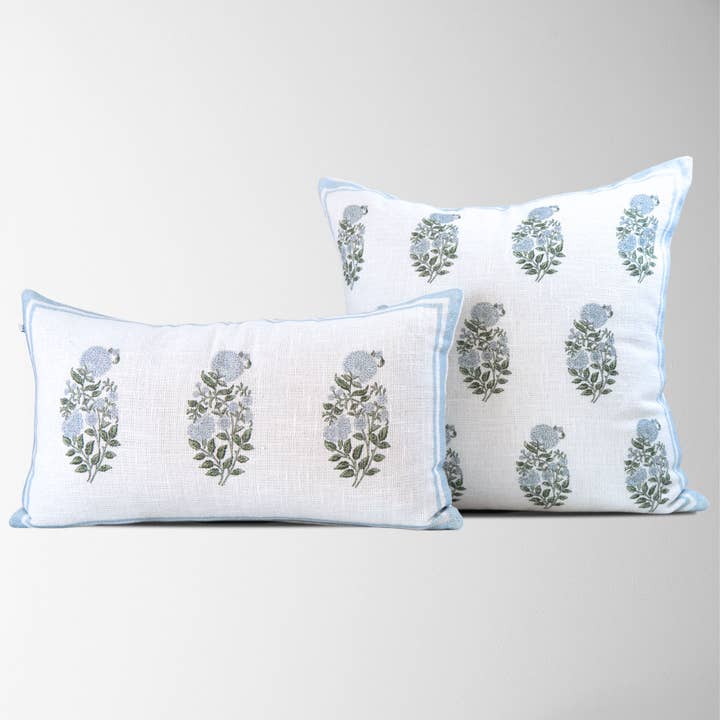 Tajik Home LLC - Wholesale Throw Pillow Cover - Genevieve Block Print Pillow Cover in Sky Blue - Handcrafted