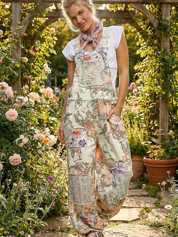 Salopette décontractée à bretelles avec empiècement en dentelle imprimée et coupe ample pour la vente par Pol Clothing