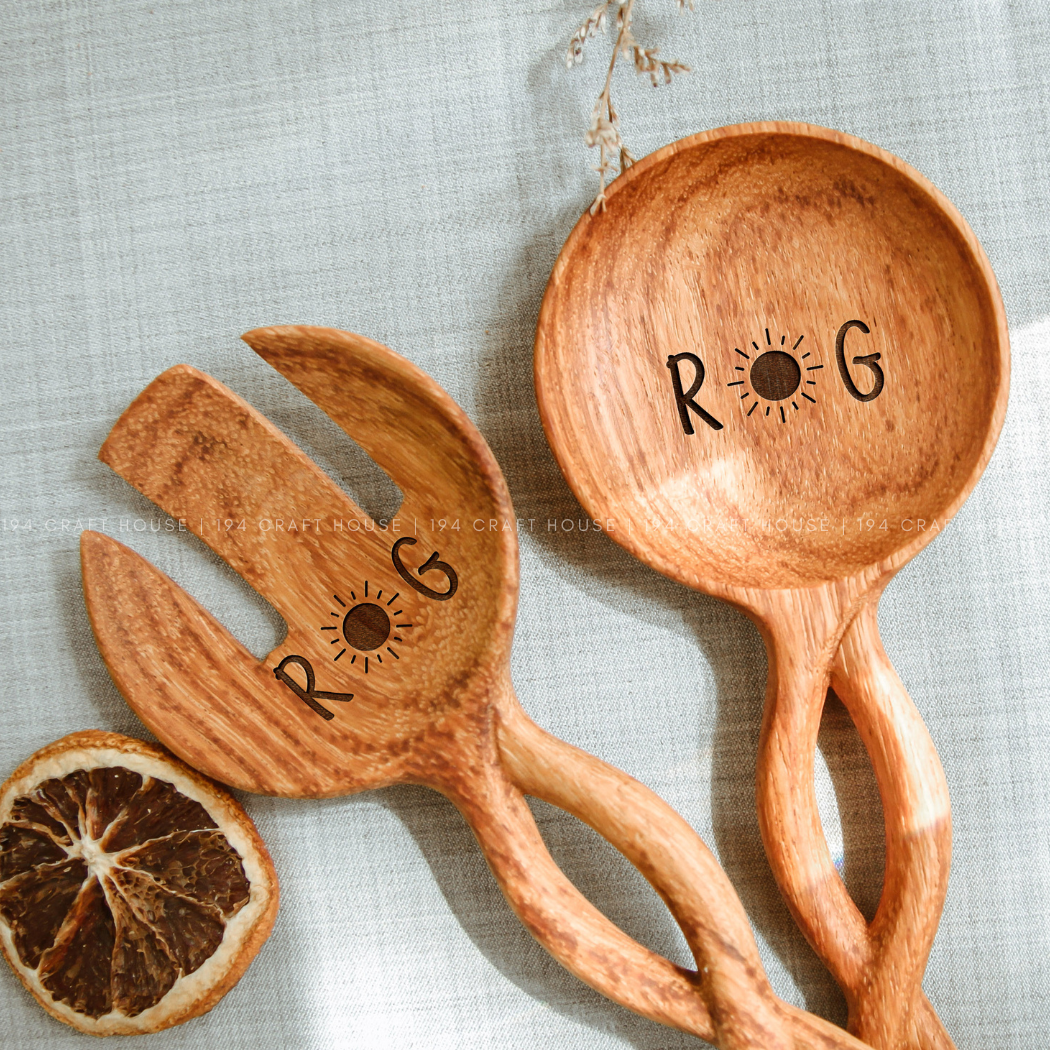 194 Craft House - Wholesale Serving Utensil - Twisted Handle Wooden Salad Servers - 9" - Spoon & Fork Set4