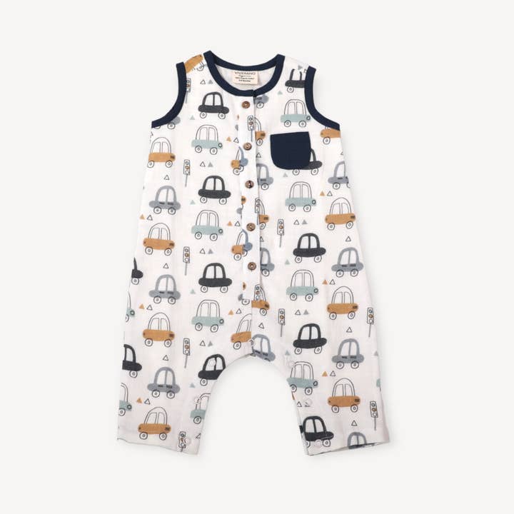 Cars Sleeveless Button Baby Jumpsuit (Organic Muslin) for wholesale by Viverano Organics