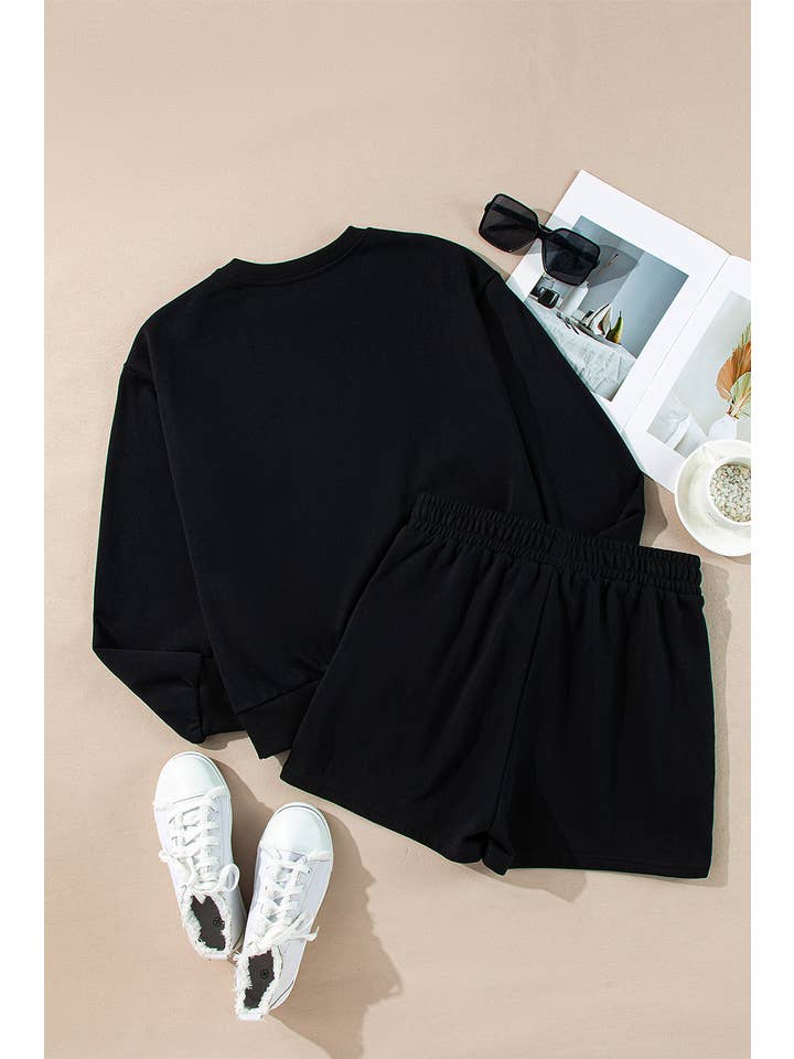 Black Merry Graphic Pullover and Shorts Lounge Set | S-2XL for wholesale on Faire