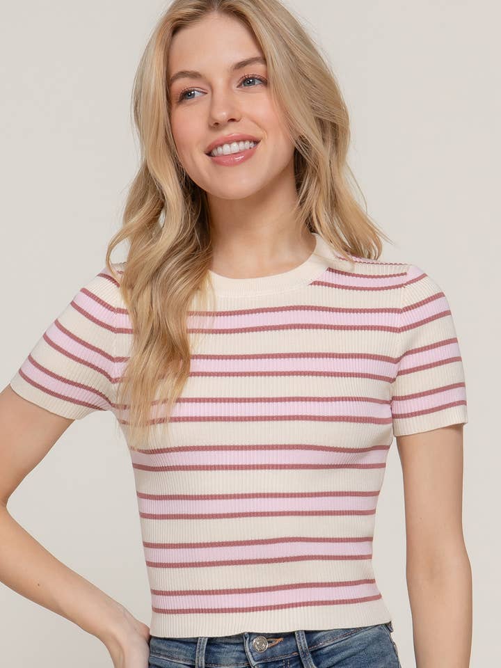 Active Basic | Active USA - Wholesale Knit Top - Women's - Short Sleeve Crew Neck Multi Stripe Spring Sweater4