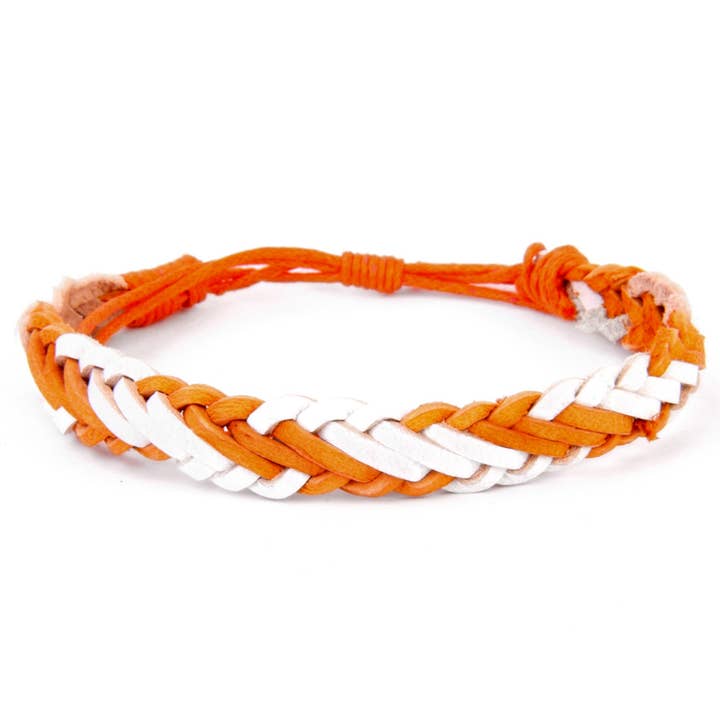 Leather game day Orange White braided tie bracelet for wholesale by Erik & Mike