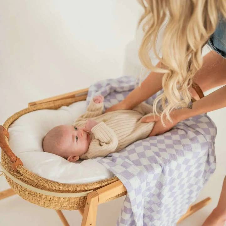 Golden Child - Wholesale Swaddle - Baby - Wavy Baby Checked Organic Cotton Baby Swaddle - Lilac3