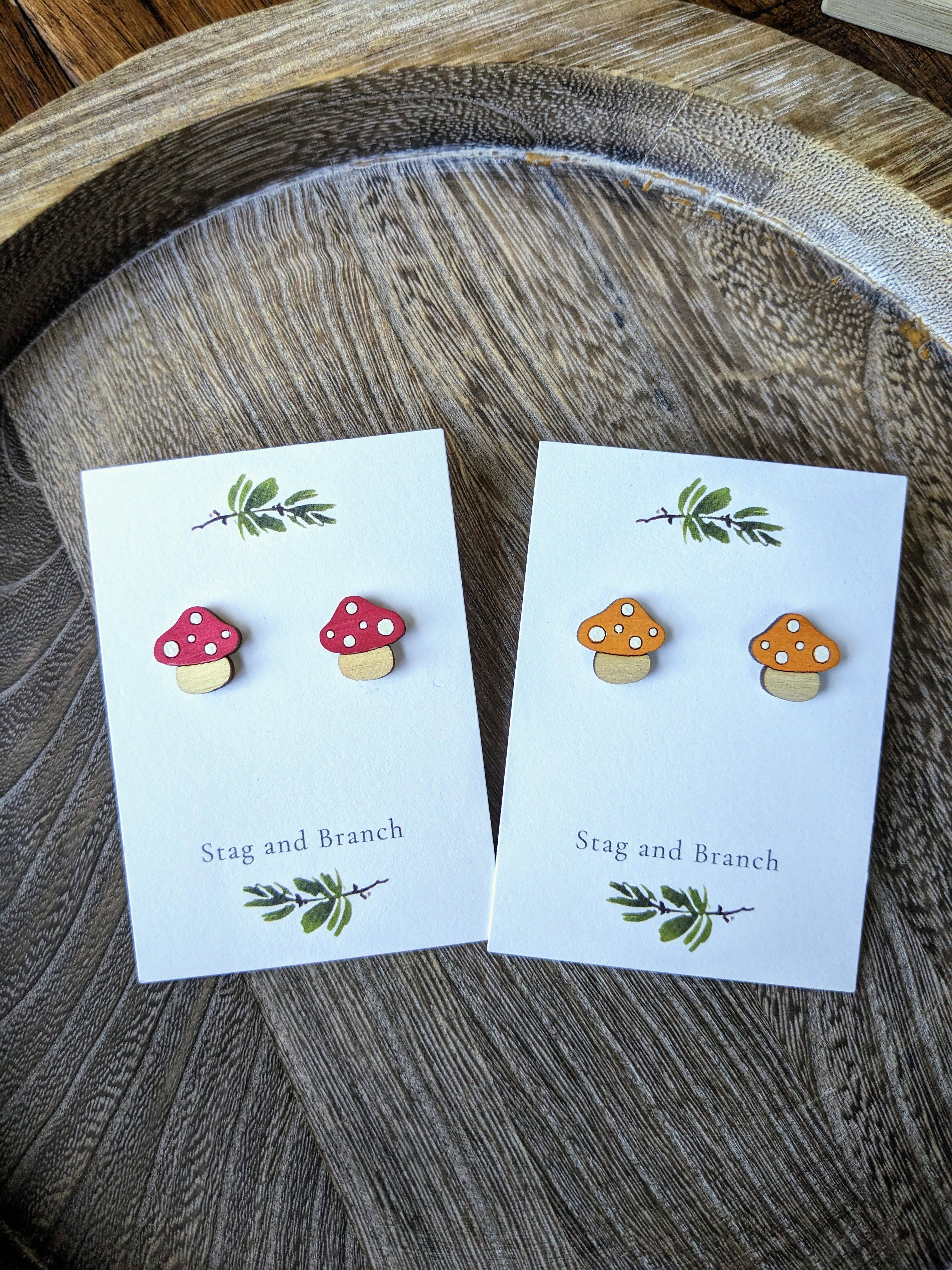 Stag and Branch - Wholesale Stud/Post Earrings - Small Wood Mushroom Stud Earrings Witchy Cottagecore0