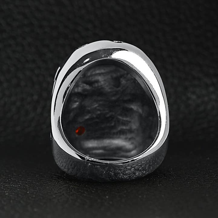 WJW – wholesale Cocktail/statement ring – Stainless Steel Skull Biting a Red CZ Accented Rose Ring5