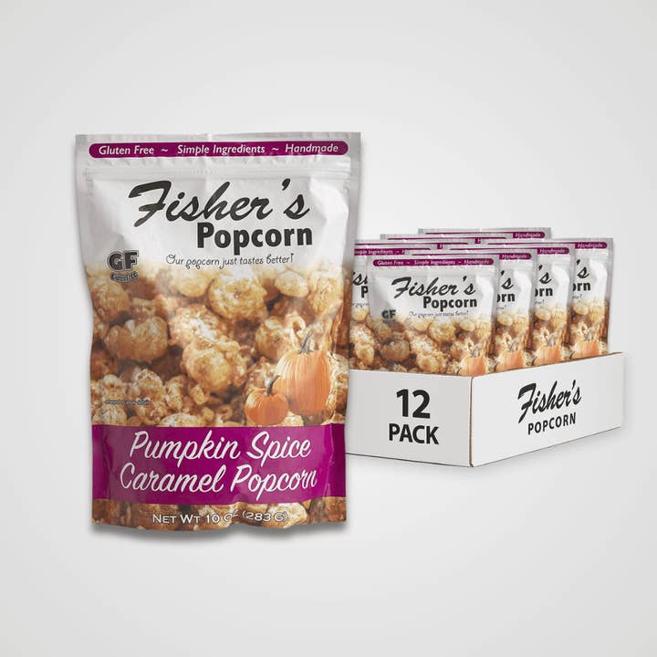 Pumpkin Spice Caramel Popcorn 10oz (12/case) for wholesale by Fisher's Popcorn