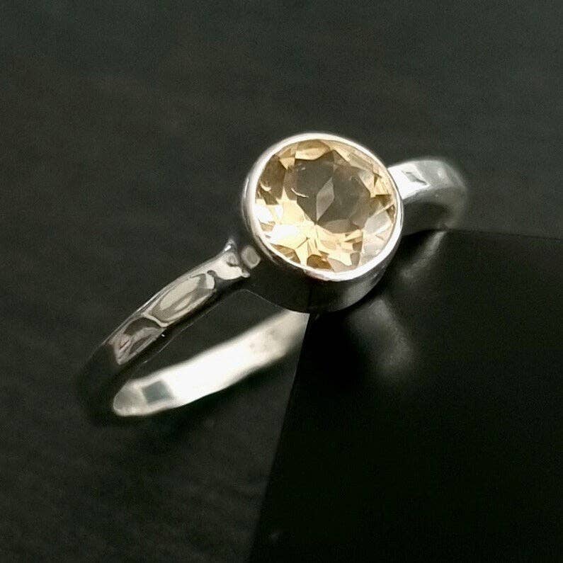 Mistry Gems - Wholesale Single Stone/Solitaire Ring - Unisex 6mm Round Citrine Ring | Hammered Sterling Silver2