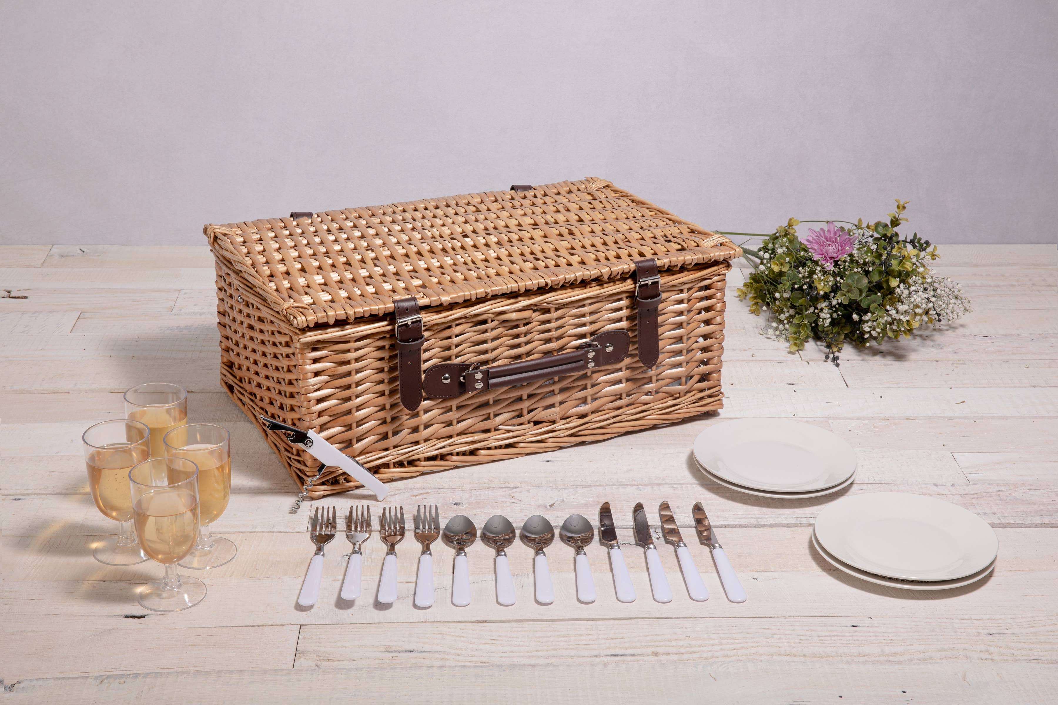 Belmont Picnic Basket, (Navy Blue & White Stripe) for wholesale on Faire18