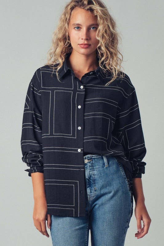 Black Modern Stitched Geometric Button-up Shirt for wholesale on Faire1
