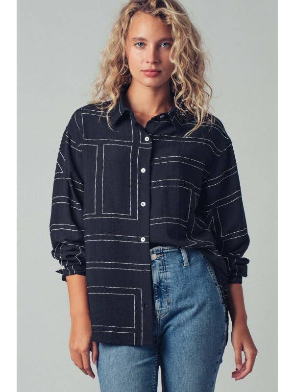 Black Modern Stitched Geometric Button-up Shirt for wholesale on Faire1