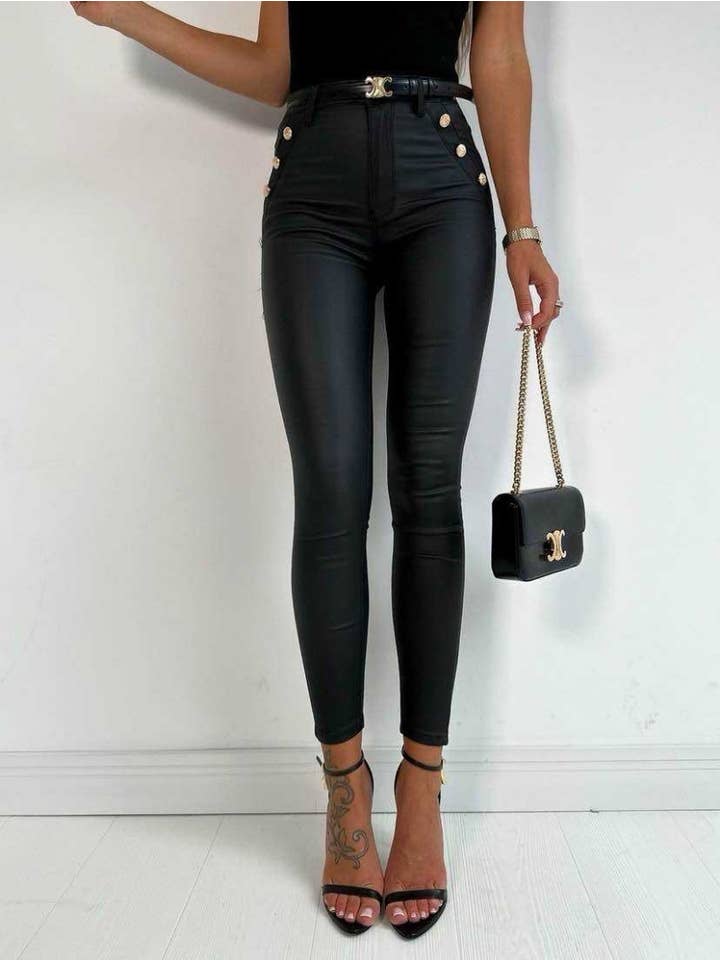 ESTEE BROWN - Wholesale Jeans - Women's - Plus size faux leather pants with gold buttons - A122 0