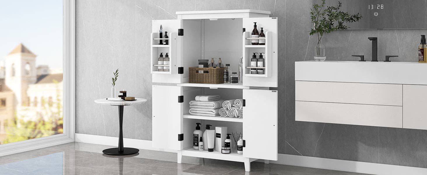 Orange County Decor - Wholesale Cabinet - Elegant Bathroom Floor Storage Cabinet, Bathroom Storage Unit, Freestanding Cabinet With 4 Doors, Adjustable Shelves, Adaptable Shelves, White White Mdf0
