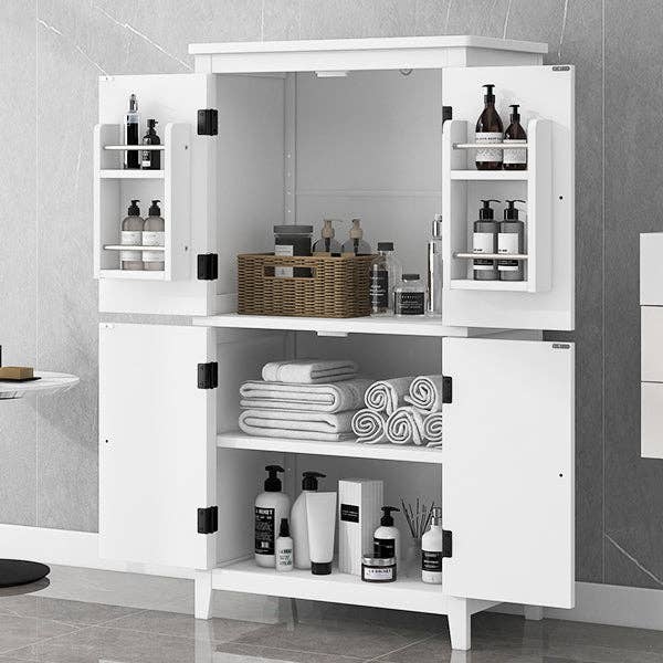 Orange County Decor - Wholesale Cabinet - Elegant Bathroom Floor Storage Cabinet, Bathroom Storage Unit, Freestanding Cabinet With 4 Doors, Adjustable Shelves, Adaptable Shelves, White White Mdf