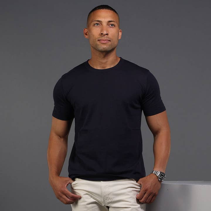 Lucca Luxury Touch Cotton and Silk T-Shirt Navy for wholesale by Collars & Co.