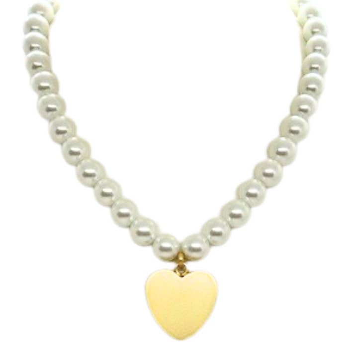 White 14MM Pearls With Medium Matte Gold Heart Pendant for wholesale by Deborah Grivas Designs