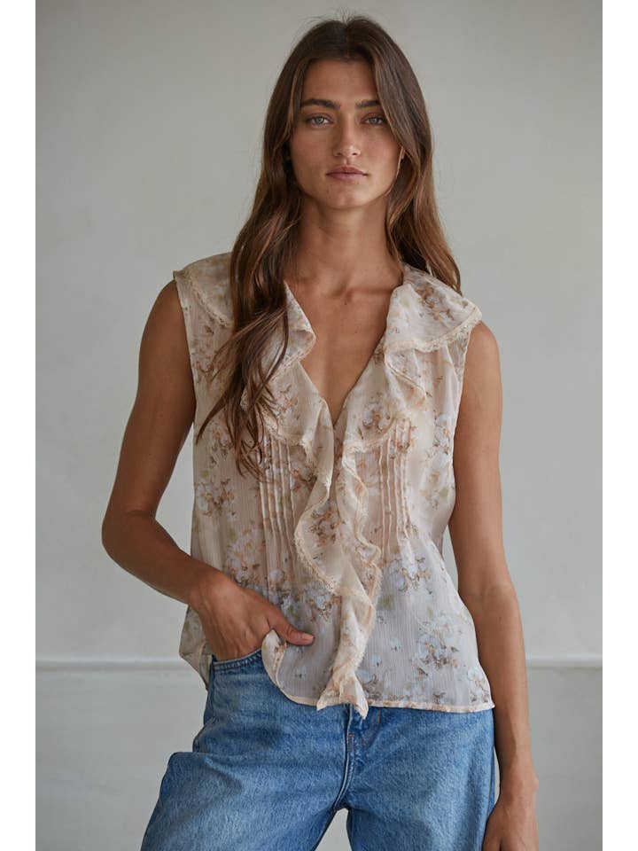Taupe Multi L9385T1 | Woven Polyester Floral Print V-Neck Sleeveless Top for wholesale on Faire