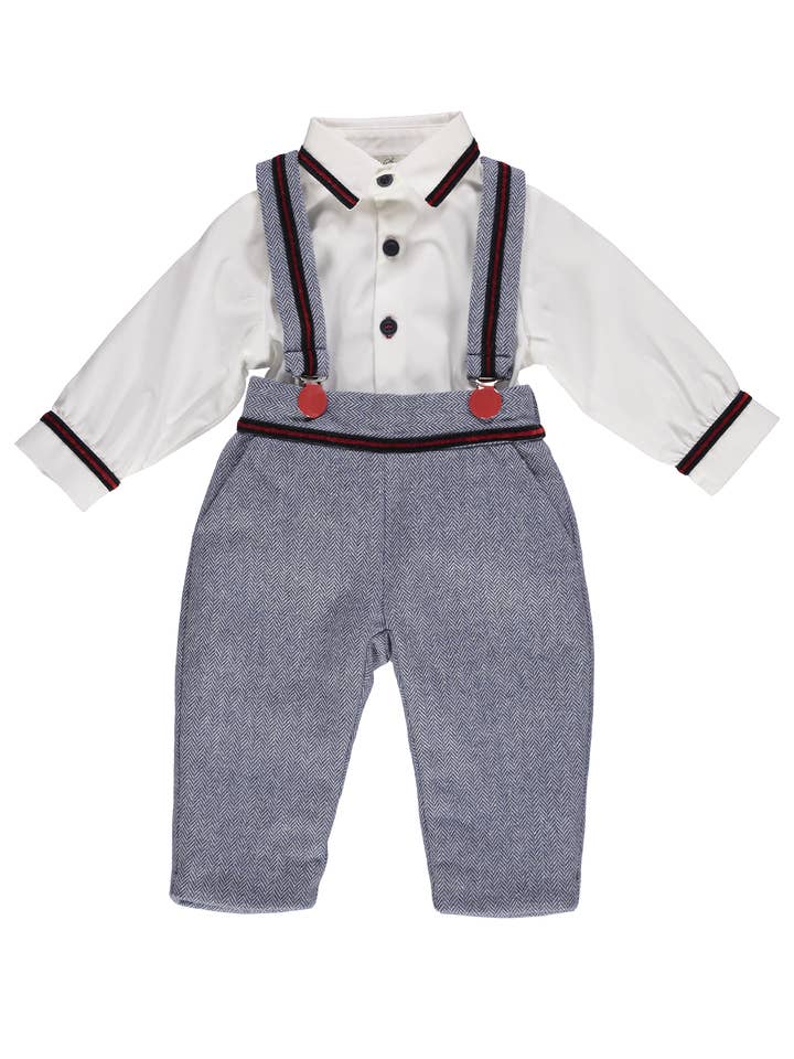 PS23W019115/A Ensemble pour garçon avec pantalon à bretelles bleu et chemise pour la vente par Piccola Speranza