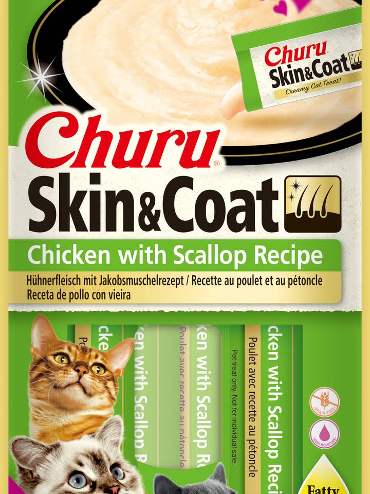 CIAO Churu Skin & Coat Snacks til katte med kylling og kammusling for engroshandel hos Finest Petfoods
