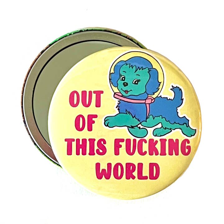 Out Of This World Kitsch Space Dog Hand Pocket Mirror for wholesale by Bite Your Granny