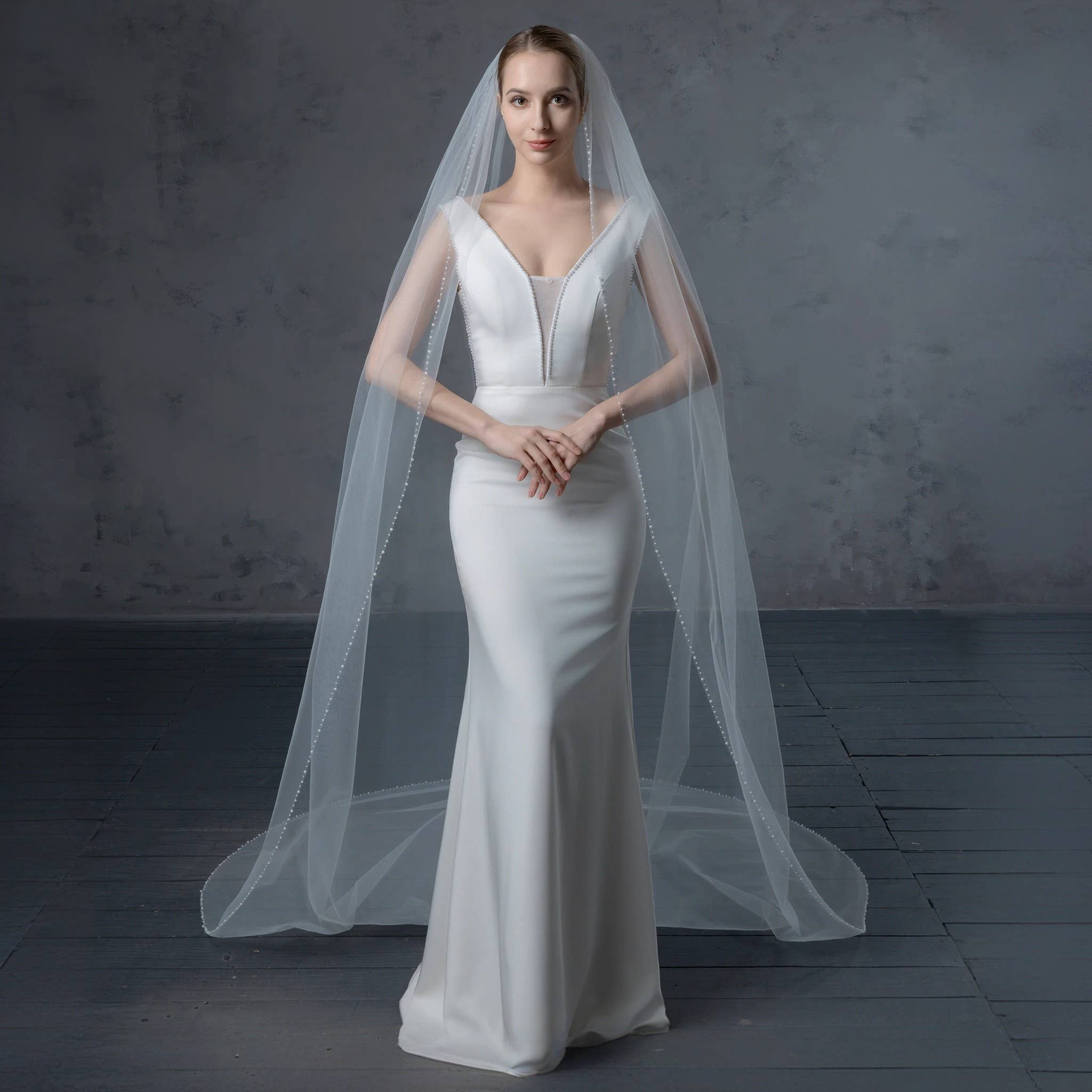 Farinosa Bridal - Wholesale Veil - Women's - Cathedral Length Pearl Beaded Edged Bridal Wedding Veil4