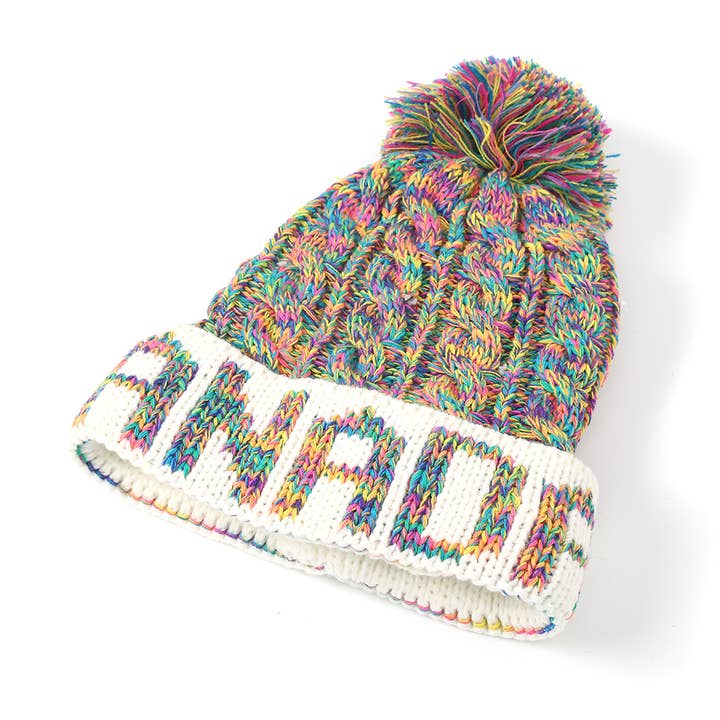 Multi - Canada print hat with Pom Pom for wholesale by Shine Mark Accessories