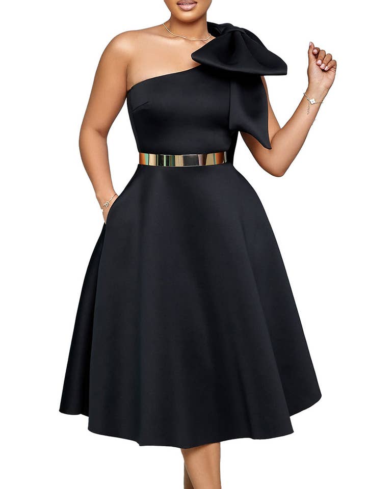 Aria Romance - Wholesale Dress - Women's - Asymmetric Bow-Sleeve Swing Dress11