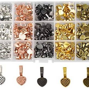 Mandala Crafts Glue on Bails for Pendant Jewelry Making, Cabochon Setting Mix Kit; Gunmetal, Antique Bronze, Rose Gold, Gold, Silver Tone Heart 225 PCs for wholesale by Mandala Crafts