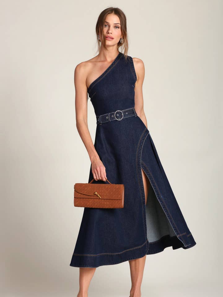 One Shoulder Belted Denim Midi Dress for wholesale by Avec Les Filles