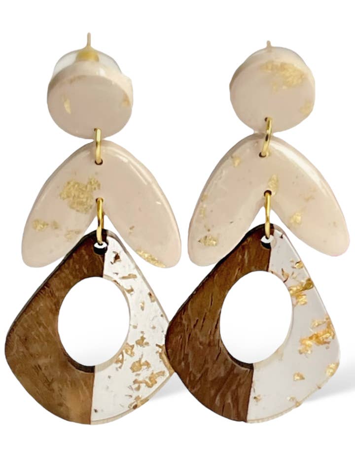 HANDCRAFTED - Not So Beige Polymer Clay x Walnut Wood Earring for wholesale by Cherry Casa