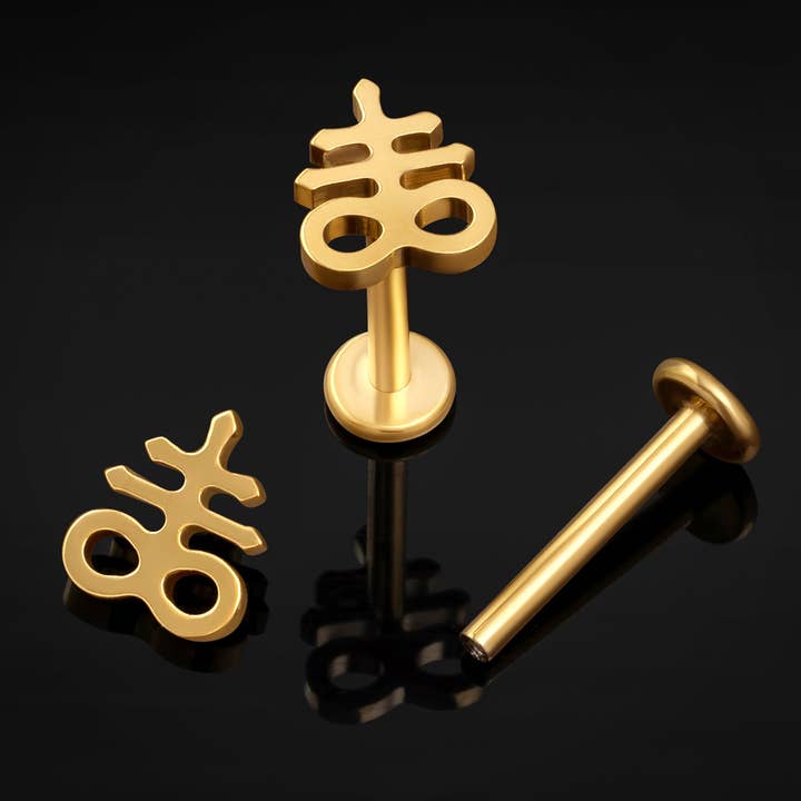 Custom Plugs - Wholesale Single Earring - Gold Leviathan Cross Internally Threaded Titanium Labret Stud 1.2mm Gauge