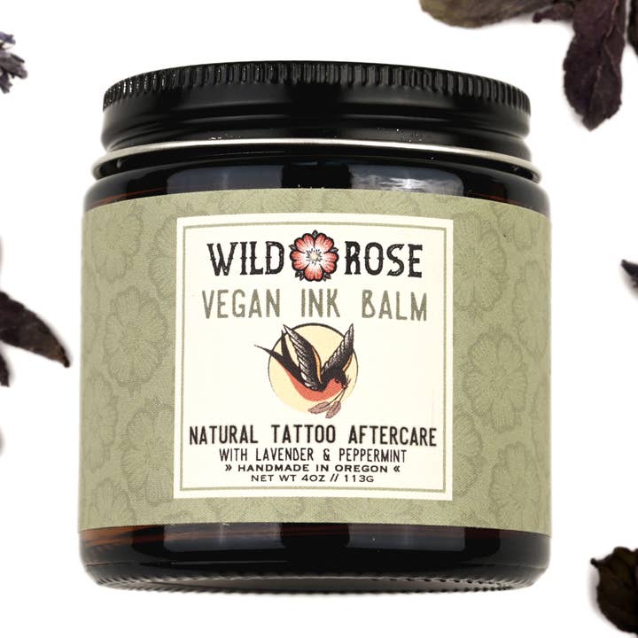 Soin de tatouage au baume à encre végétalien, 4 oz pour la vente par Wild Rose Herbs