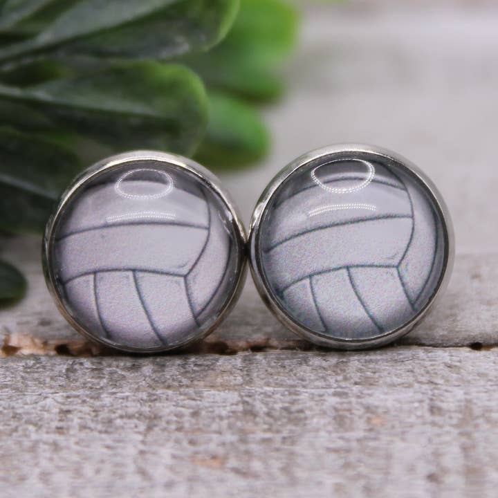 Volleyball || 12mm Glass Stud Earrings || Hypoallergenic for wholesale by Hylidae Boutique