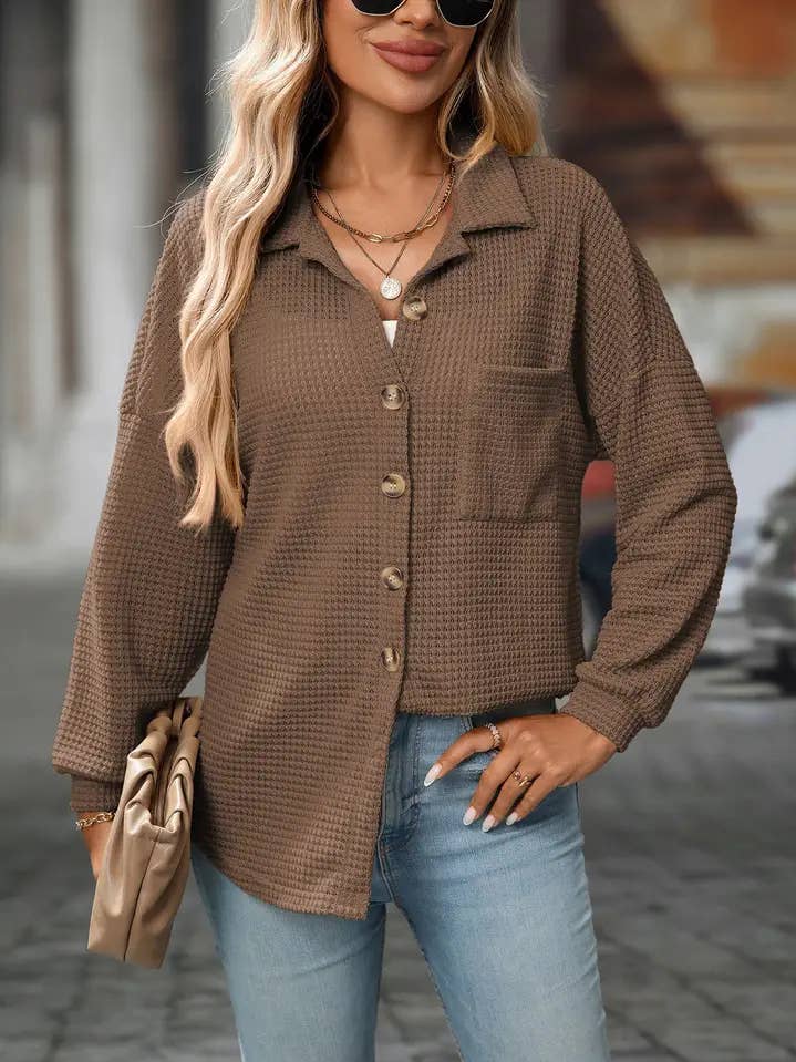 Cardigan a camicia con bottoni in maglia a nido d'ape casual per l'autunno per la vendita all'ingrosso da parte di Lovesoft