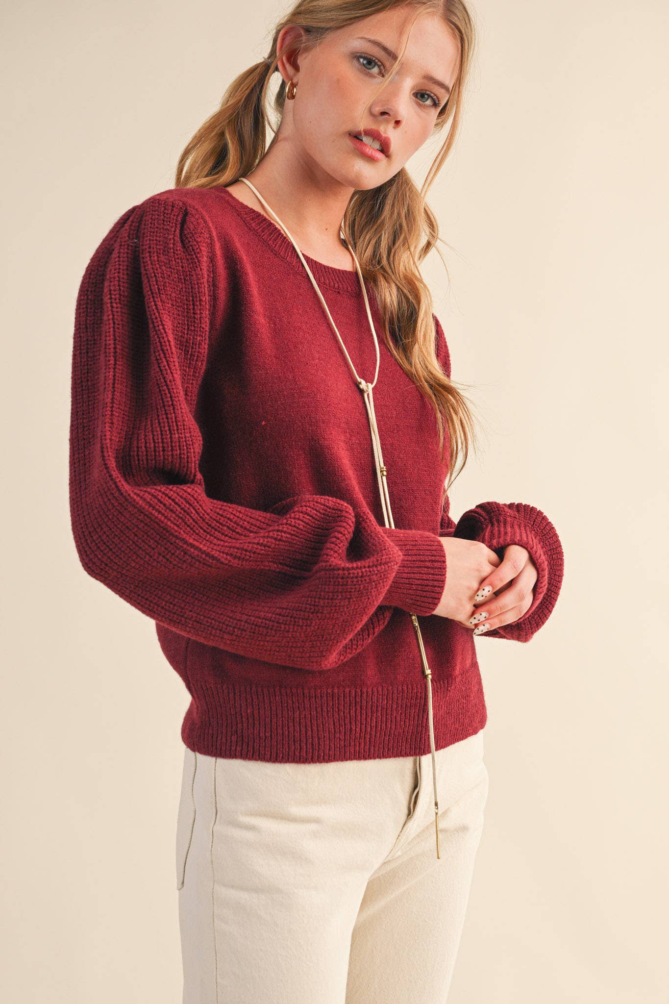 &MERCI - Wholesale Knit Sweater - Women's - RIBBED PUFF SLEEVE SWEATER MSW1095116