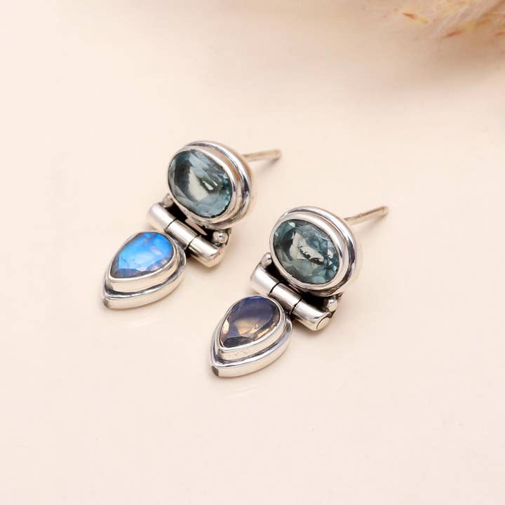 925 Sterling Silver Vintage-Style Blue Topaz & Moonstone Stud Earrings for wholesale by AG 925 JEWELLERY