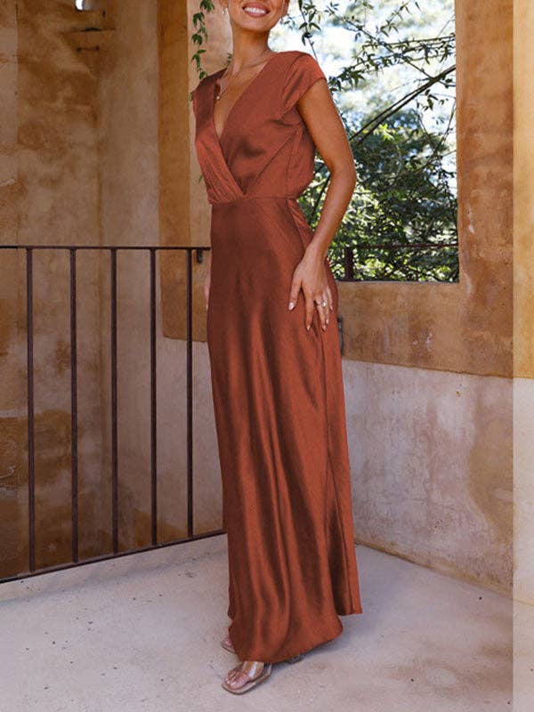 Chicto - Wholesale Dress - Women's - Loose Short Sleeves Pleated Solid Color Split-Joint V-Neck Maxi Dresses8