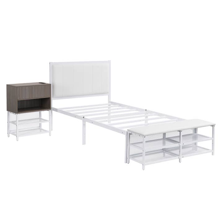 White Twin Metal Platform Bed with Storage Shelves & Cabinet for wholesale on Faire3