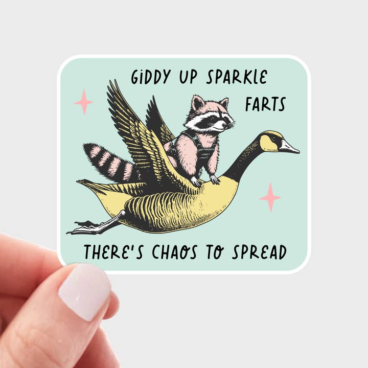 Giddy Up Sparkle Farts Sticker - raccoon, goose, funny, cute for wholesale by Yarnival