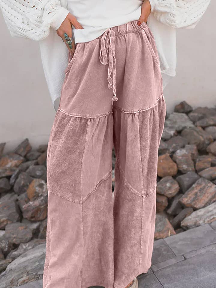 Mineral Wash Tiered Wide Leg Patchwork Drawstring Pants for wholesale by Umorger