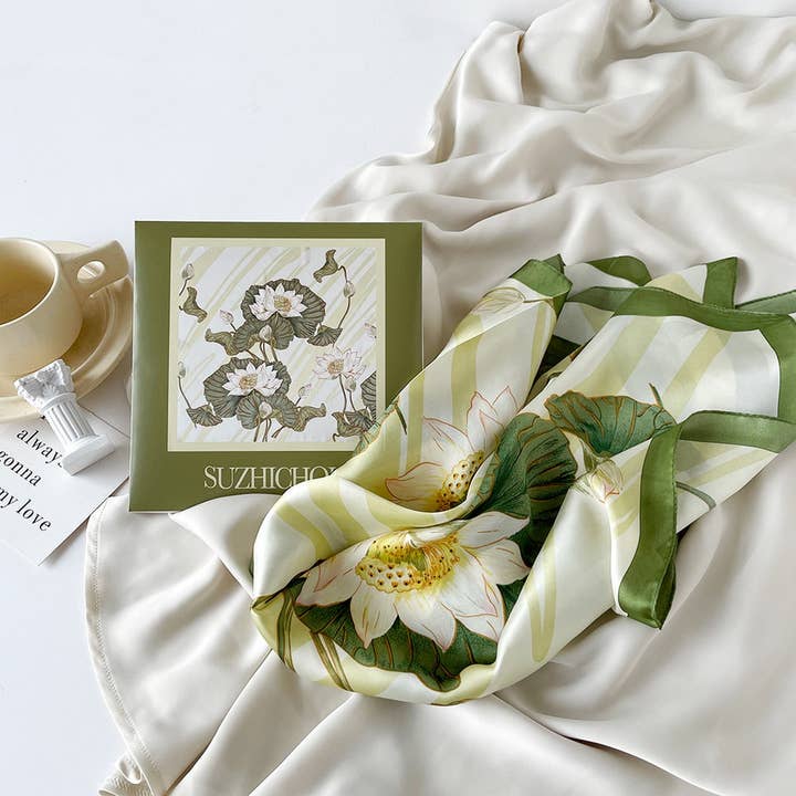 Mint Mambo Lotus Print Satin Scarf Gift for Women_CWASC0813 for wholesale by ACCITY