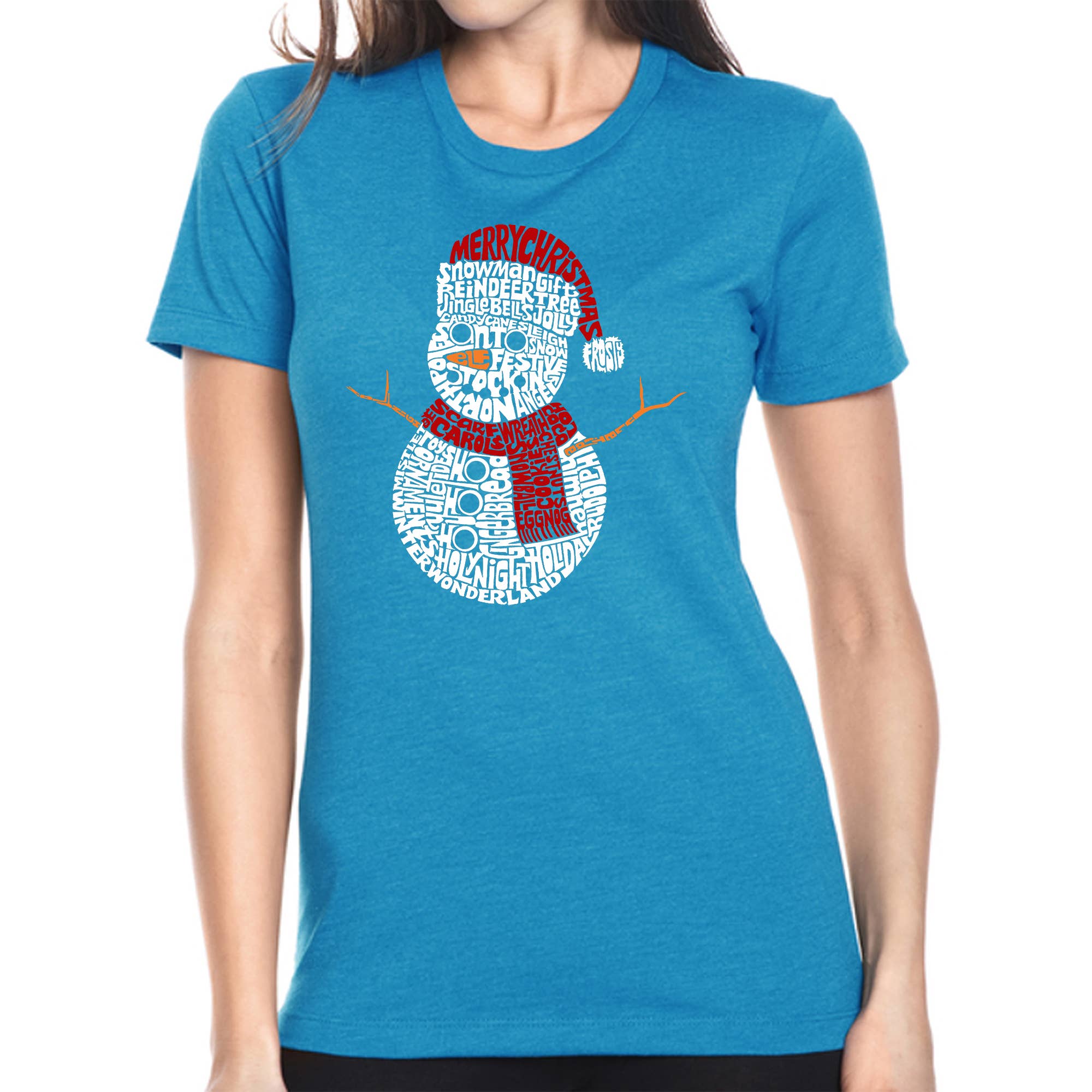 LA Pop Art - Wholesale Screen Printed T-Shirt - Women's - Christmas Snowman - Women's Premium  Word Art T-Shirt5