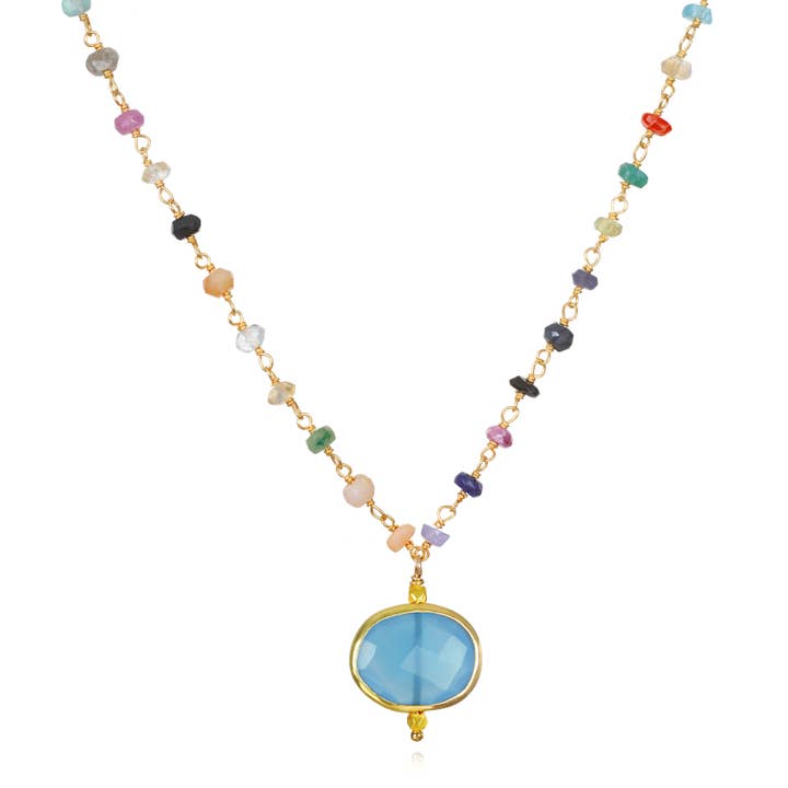 Bezel Charm Rainbow Necklace-Blue Chalcedony for wholesale by Amelia Rose Jewelry