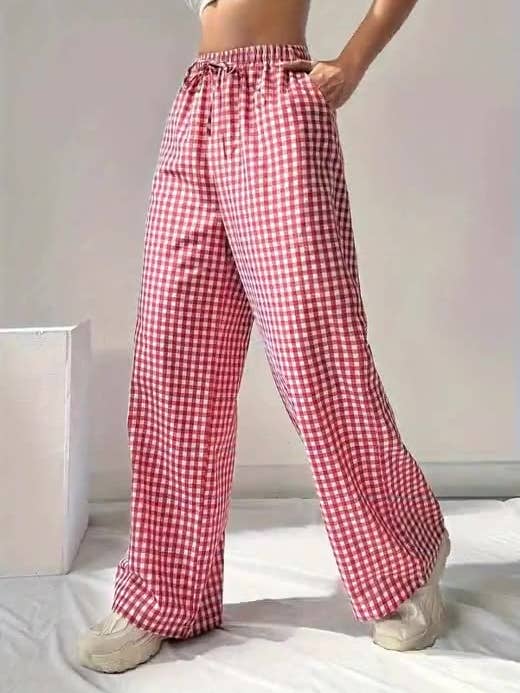 Easy Cozy Red Gingham lounge wide leg pants for wholesale on Faire1