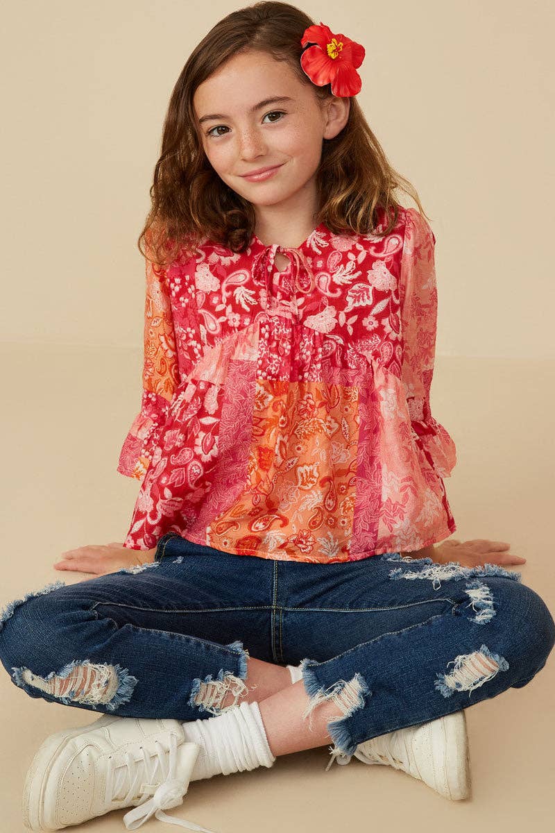 Pink Mix Girls Print Blocked Cinch Sleeve Baby Doll Top for wholesale on Faire1